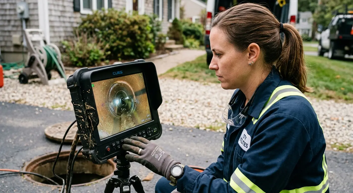 Technician reviewing sewer camera inspection footage in West Hartford