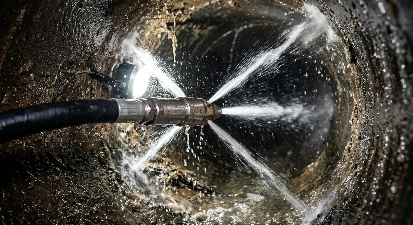 High-pressure hydro jetting nozzle cleaning sewer pipe for Trenchless Sewer Repair in West Hartford