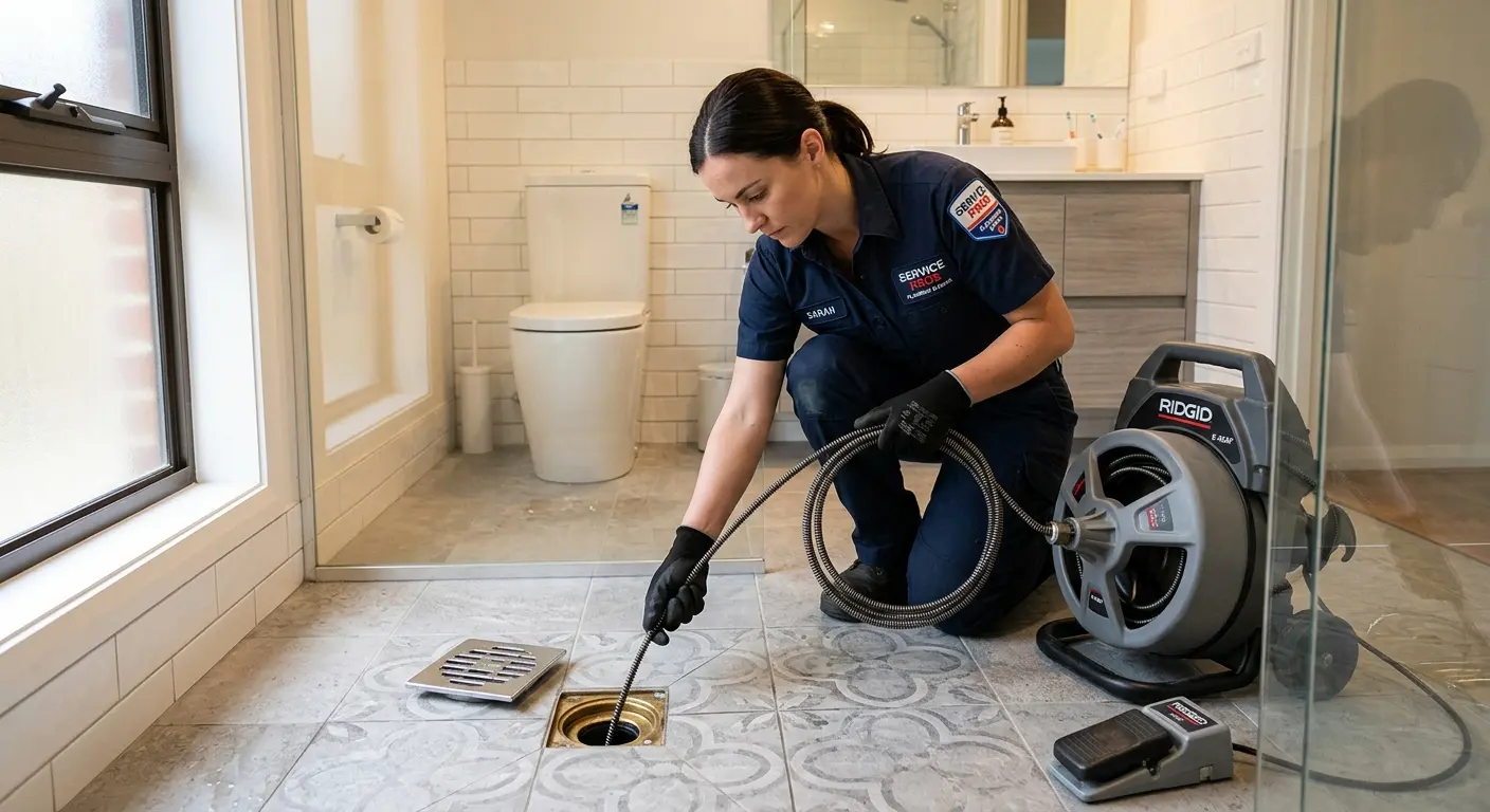 Technician clearing a bathroom floor drain for Drain Cleaning in West Hartford